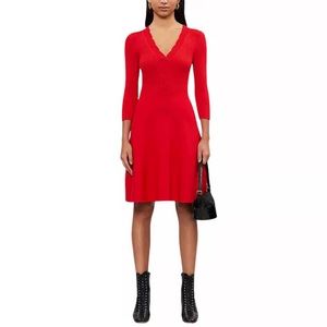 Claudie Pierlot Red Scalloped V Neck Knit Midi Dress FR 38 / US Size 2